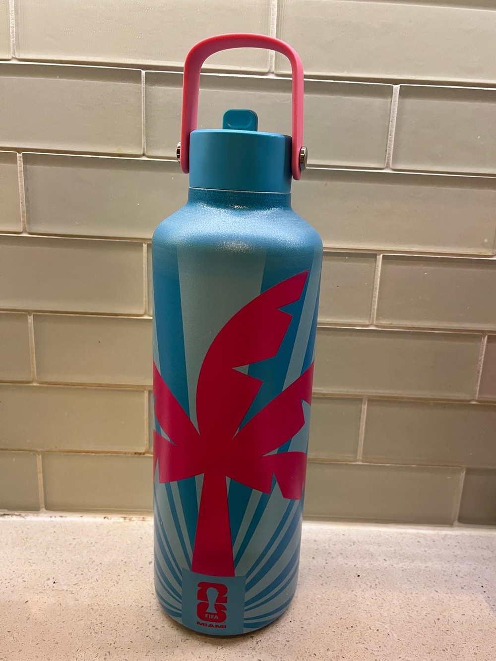 FIFA 2026 Water Bottle with Pink Palm Tree Graphic